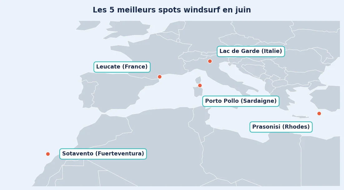 Carte des 5 meilleurs spots windsurf en juin : Lac de Garde, Leucate, Sotavento, Porto Pollo, Prasonisi