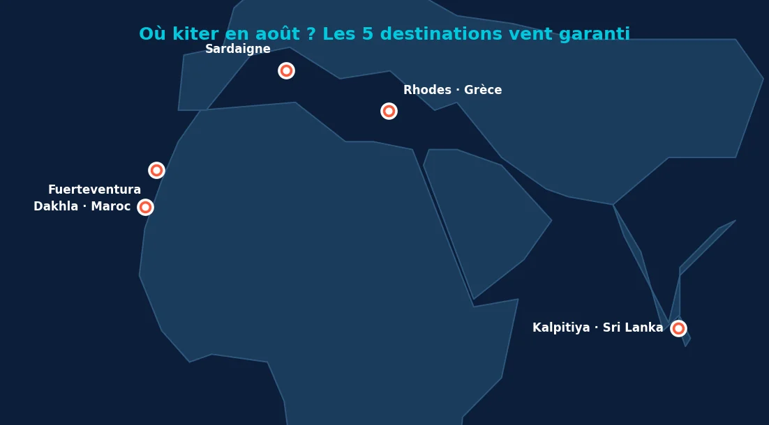 Carte des 5 meilleures destinations kitesurf en août : Karpathos et Rhodes en Grèce, Dakhla au Maroc, Kalpitiya au Sri Lanka, Fuerteventura aux Canaries, Porto Pollo en Sardaigne