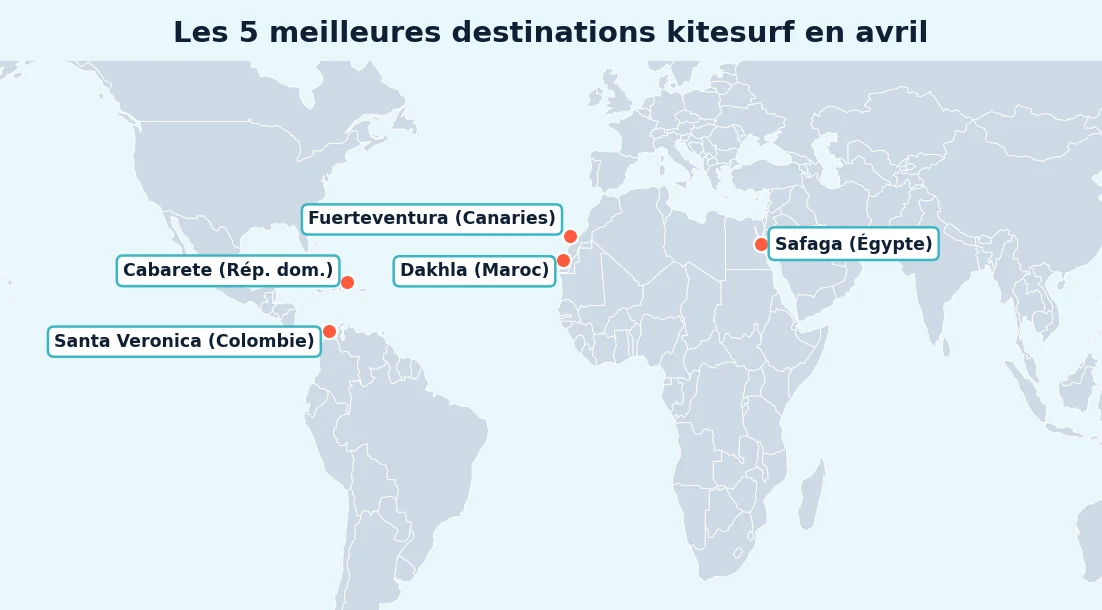 Carte des 5 meilleures destinations kitesurf en avril : Dakhla au Maroc, Fuerteventura aux Canaries, Cabarete en République dominicaine, Safaga en Égypte, Santa Veronica en Colombie