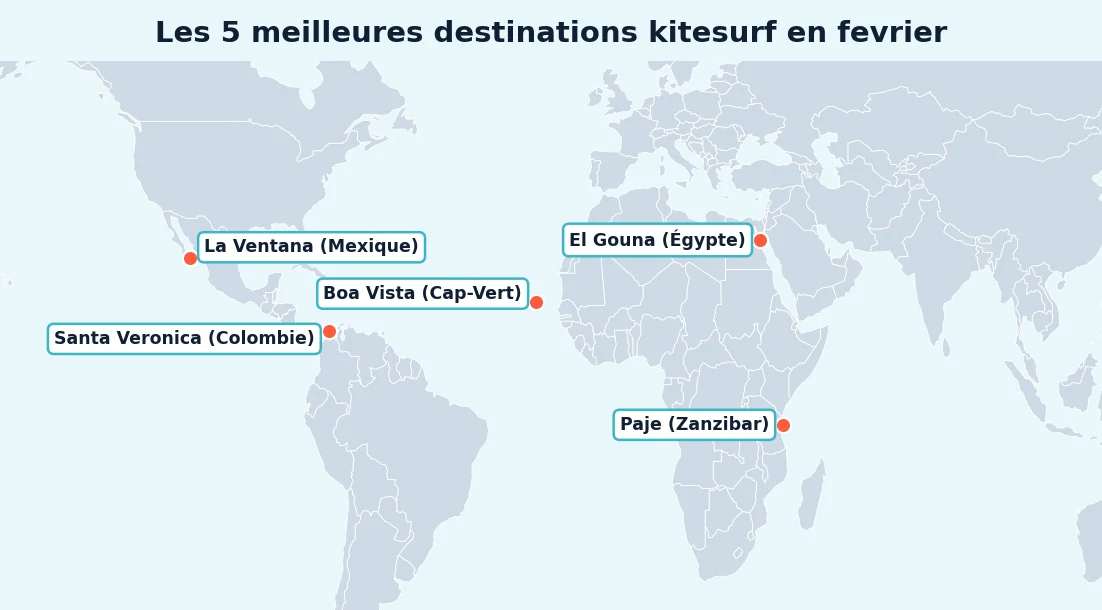 Carte des 5 meilleures destinations kitesurf en février : Boa Vista au Cap-Vert, Santa Veronica en Colombie, Paje à Zanzibar, La Ventana au Mexique, El Gouna en Égypte