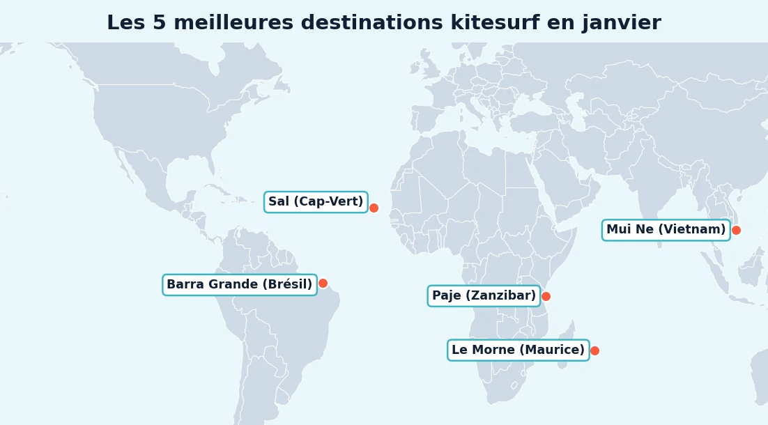 Carte des 5 meilleures destinations kitesurf en janvier : Barra Grande au Brésil, Sal au Cap-Vert, Mui Ne au Vietnam, Le Morne à Maurice, Paje à Zanzibar