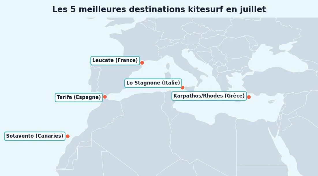 Carte des 5 meilleures destinations kitesurf en juillet : Tarifa, Leucate et La Franqui, Sotavento, Karpathos et Rhodes, Lo Stagnone