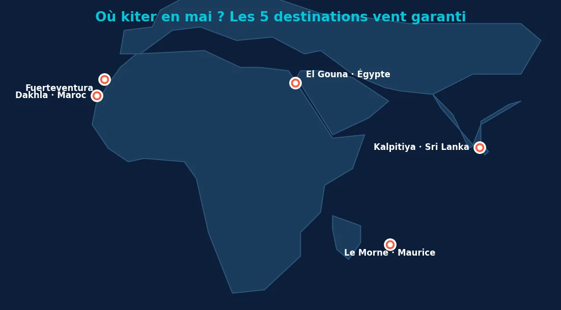 Carte des 5 meilleures destinations kitesurf en mai : El Gouna en Égypte, Dakhla au Maroc, Fuerteventura aux Canaries, Kalpitiya au Sri Lanka, Le Morne à Maurice