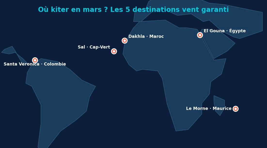 Carte des 5 meilleures destinations kitesurf en mars : Santa Veronica en Colombie, Sal au Cap-Vert, Dakhla au Maroc, El Gouna en Égypte, Le Morne à Maurice