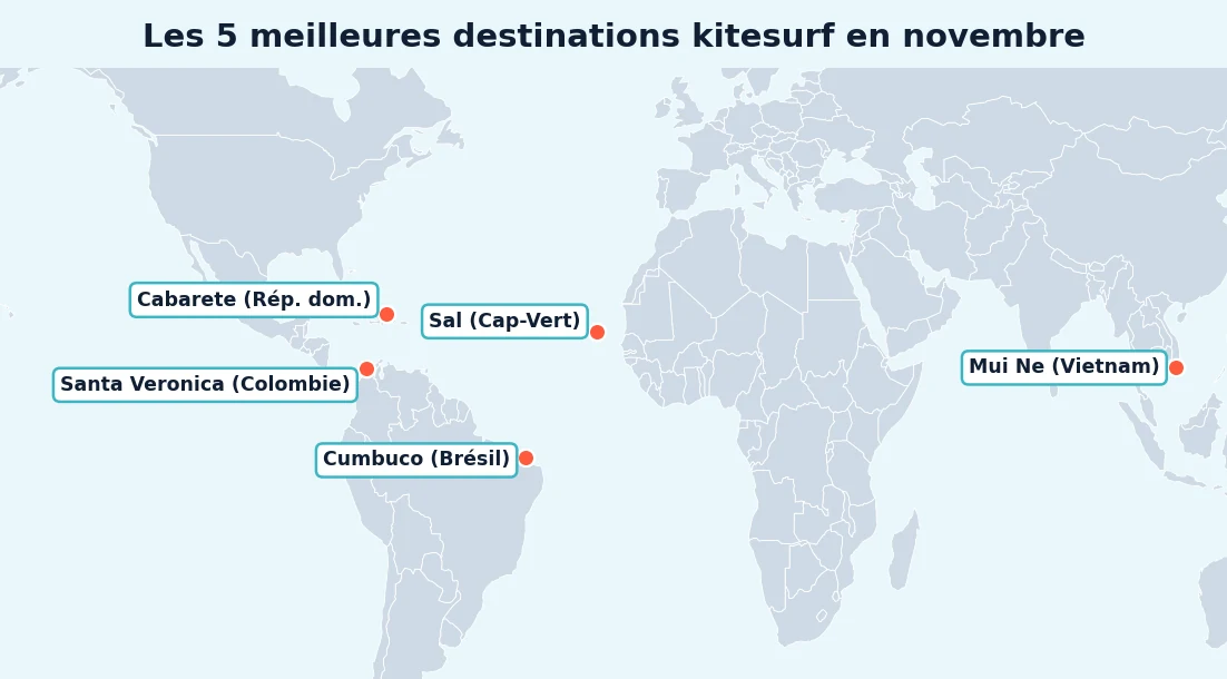 Carte des 5 meilleures destinations kitesurf en novembre : Cumbuco au Brésil, Sal au Cap-Vert, Cabarete en République dominicaine, Santa Veronica en Colombie, Mui Ne au Vietnam