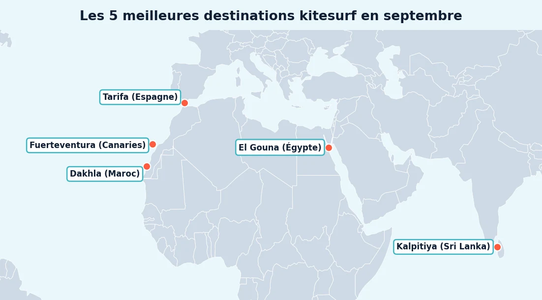 Carte des 5 meilleures destinations kitesurf en septembre : Tarifa en Espagne, Dakhla au Maroc, Fuerteventura aux Canaries, El Gouna en Égypte, Kalpitiya au Sri Lanka