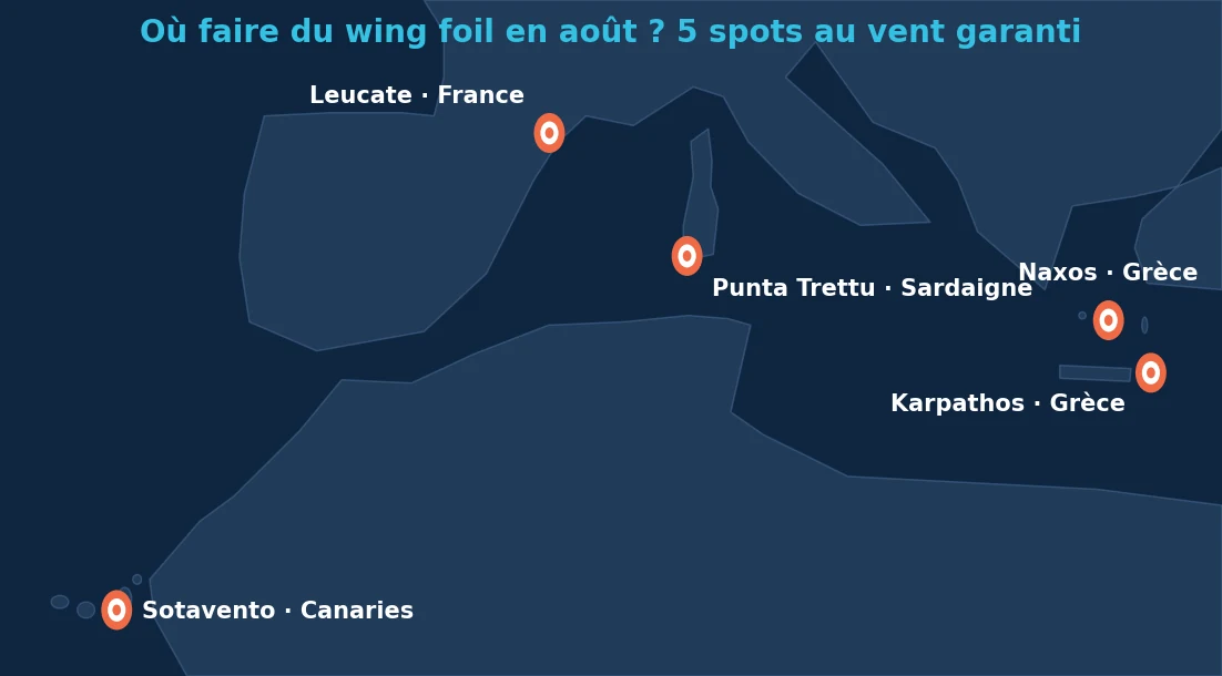 Carte des 5 meilleurs spots wing foil en août : Naxos, Karpathos, Sotavento, Punta Trettu, étang de Leucate