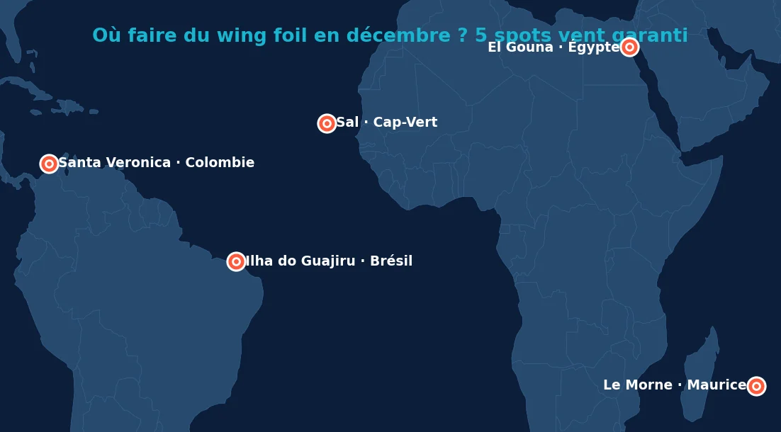 Carte des 5 meilleurs spots wing foil en décembre : Ilha do Guajiru au Brésil, Sal au Cap-Vert, Le Morne à Maurice, Santa Veronica en Colombie, El Gouna en Égypte