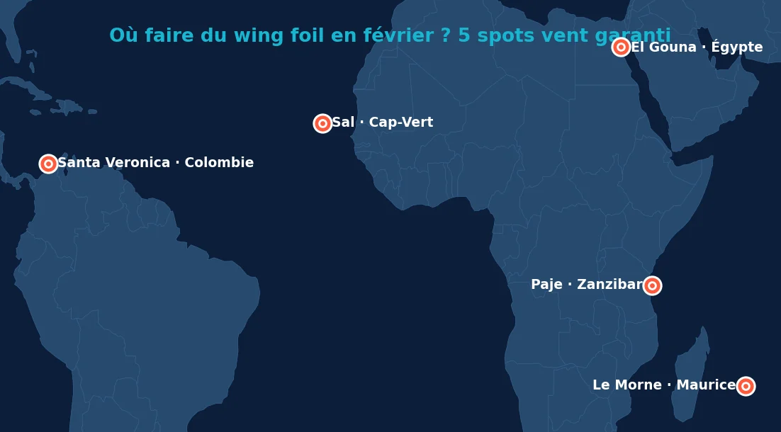 Carte des 5 meilleurs spots wing foil en février : Paje à Zanzibar, Sal au Cap-Vert, Santa Veronica en Colombie, Le Morne à Maurice, El Gouna en Égypte