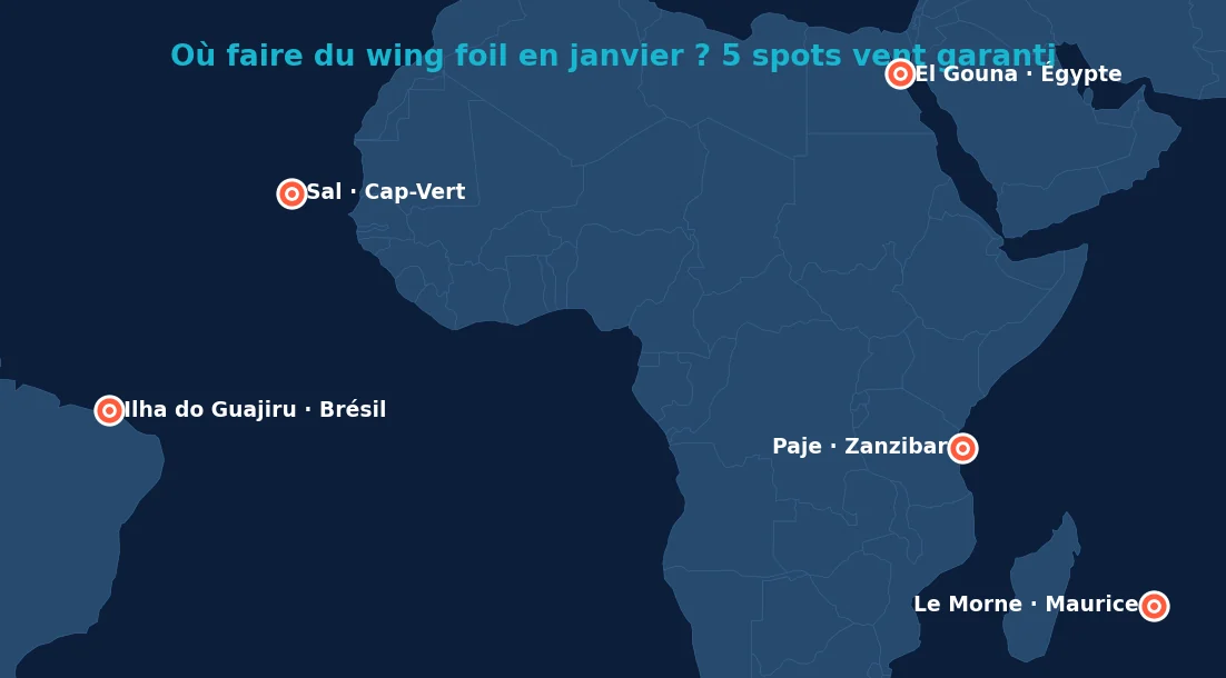 Carte des 5 meilleurs spots wing foil en janvier : Le Morne à Maurice, Ilha do Guajiru au Brésil, Sal au Cap-Vert, El Gouna en Égypte, Paje à Zanzibar