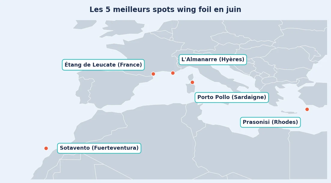 Carte des 5 meilleurs spots wing foil en juin : étang de Leucate, l'Almanarre, Sotavento, Porto Pollo, Prasonisi