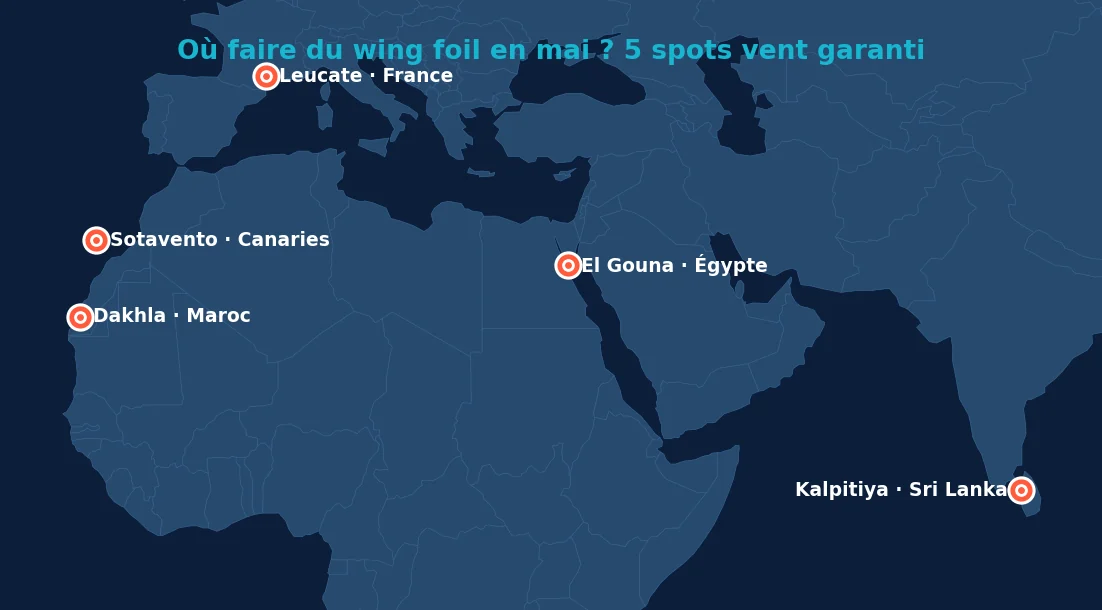 Carte des 5 meilleurs spots wing foil en mai : Dakhla au Maroc, El Gouna en Égypte, Sotavento à Fuerteventura, Kalpitiya au Sri Lanka, étang de Leucate en France