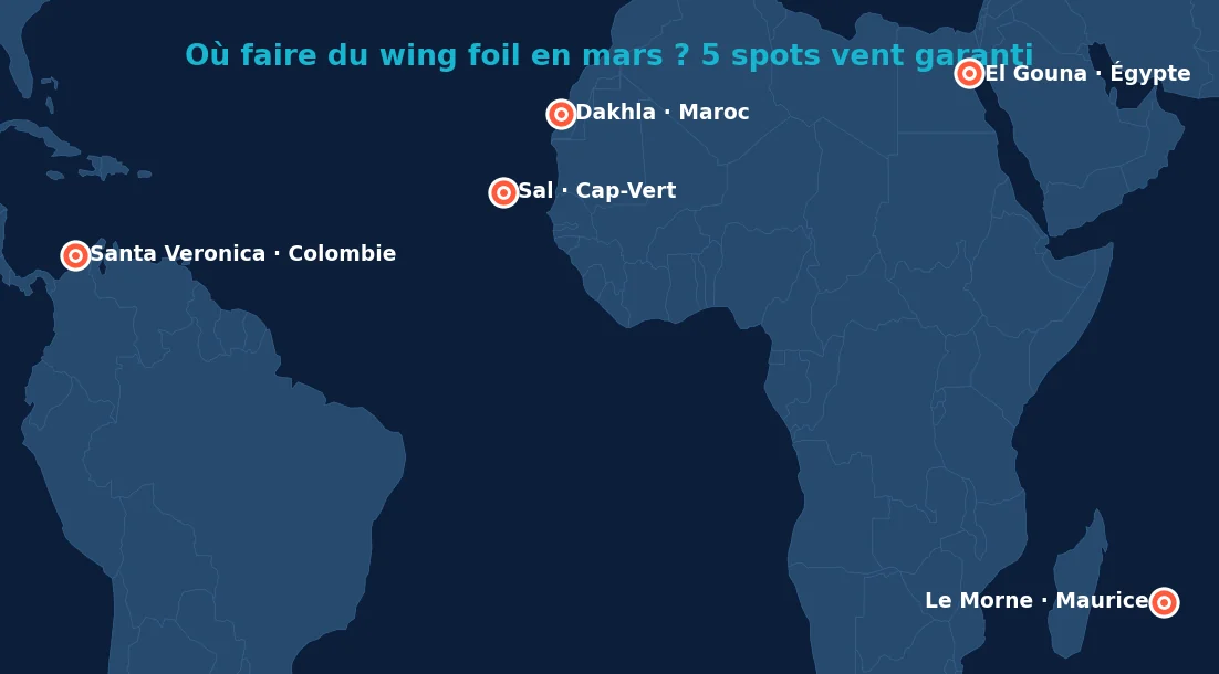 Carte des 5 meilleurs spots wing foil en mars : Dakhla au Maroc, Santa Veronica en Colombie, Sal au Cap-Vert, El Gouna en Égypte, Le Morne à Maurice