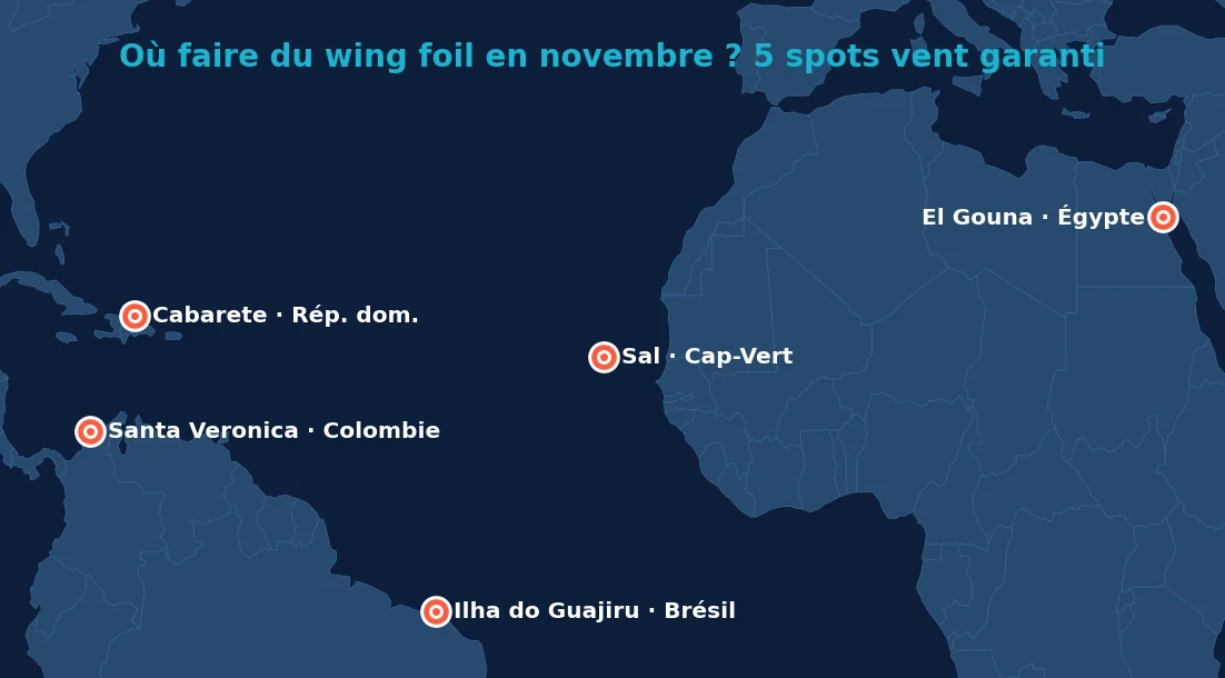 Carte des 5 meilleurs spots wing foil en novembre : Ilha do Guajiru au Brésil, Sal au Cap-Vert, Cabarete en République dominicaine, Santa Veronica en Colombie, El Gouna en Égypte