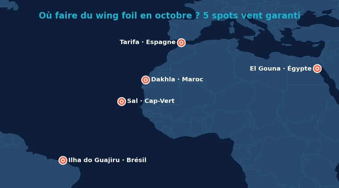 Carte des 5 meilleurs spots wing foil en octobre : Ilha do Guajiru au Brésil, El Gouna en Égypte, Dakhla au Maroc, Tarifa en Espagne, Sal au Cap-Vert