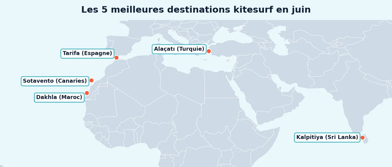Carte des 5 meilleures destinations kitesurf en juin : Tarifa en Espagne, Sotavento aux Canaries, Dakhla au Maroc, Alaçatı en Turquie, Kalpitiya au Sri Lanka