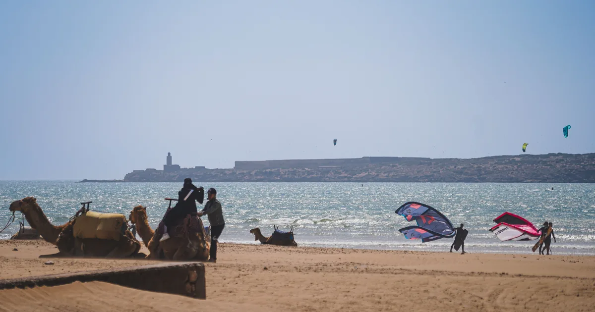 La baie d'Essaouira, l'île de Mogador et les riders sur l'alizé