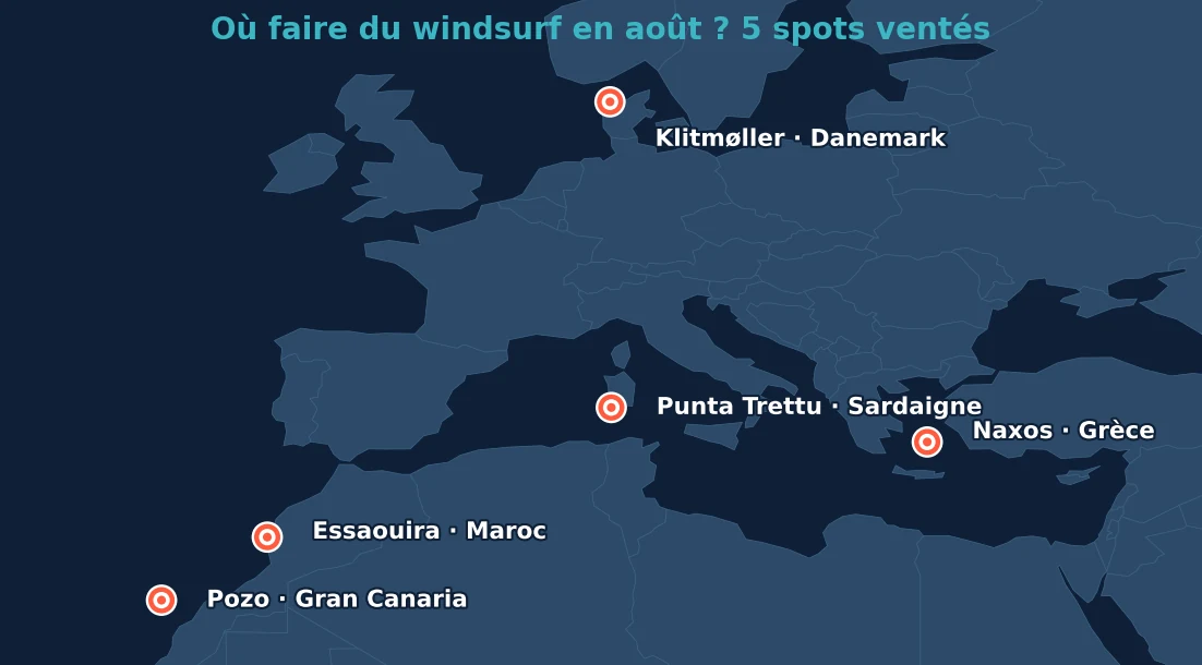 Carte des 5 meilleurs spots windsurf en août : Klitmøller, Punta Trettu, Naxos, Pozo, Essaouira
