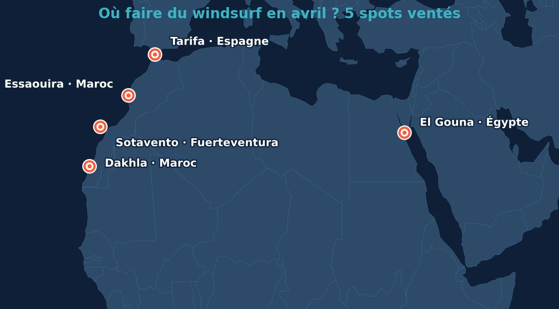 Carte des 5 meilleurs spots windsurf en avril : Dakhla, Essaouira, Tarifa, Sotavento, El Gouna