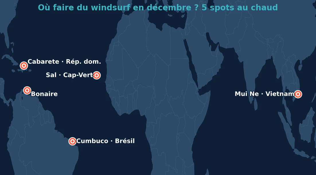 Carte des 5 meilleurs spots windsurf en décembre : Sal, Cabarete, Bonaire, Cumbuco, Mui Ne