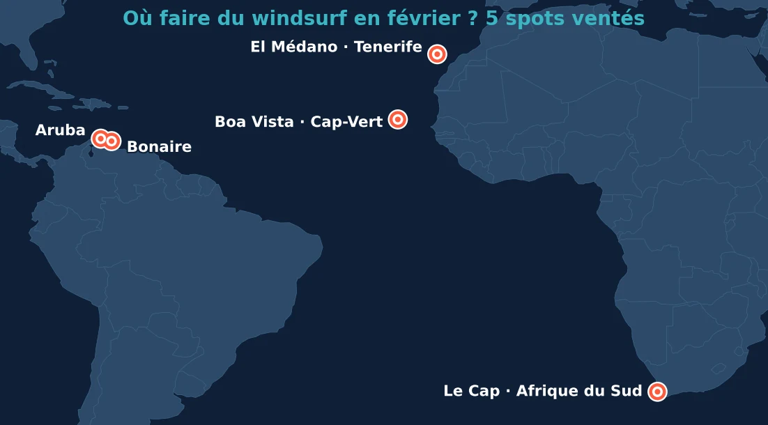 Carte des 5 meilleurs spots windsurf en février : Boa Vista, El Médano, Aruba, Bonaire, Le Cap