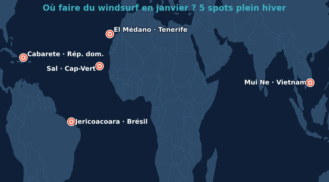 Carte des 5 meilleurs spots windsurf en janvier : Sal, El Médano, Cabarete, Jericoacoara, Mui Ne