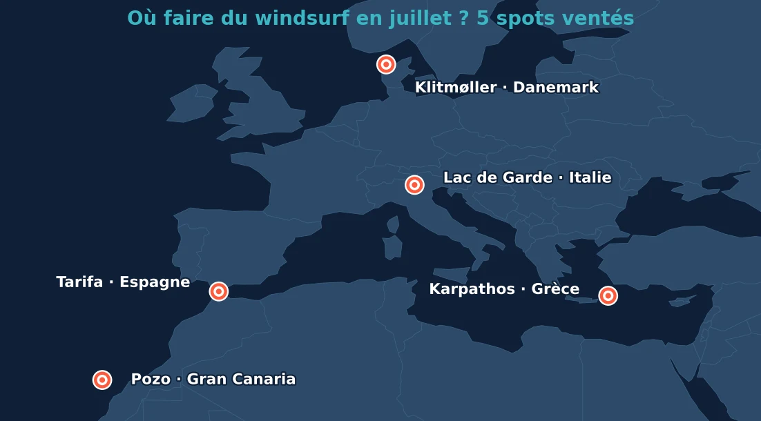 Carte des 5 meilleurs spots windsurf en juillet : Klitmøller, lac de Garde, Tarifa, Pozo, Karpathos