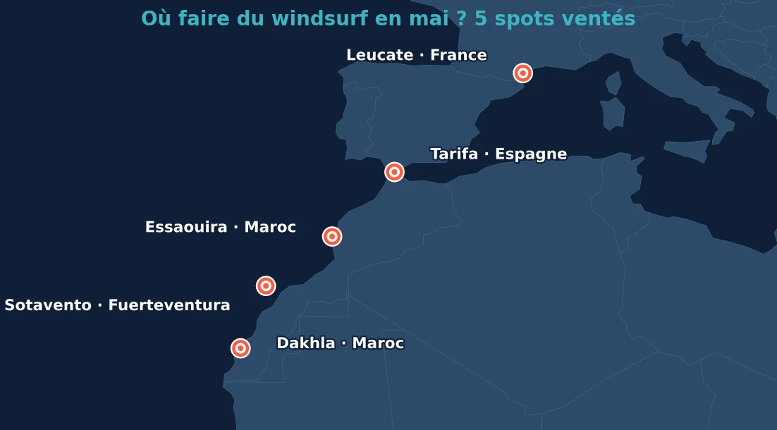 Carte des 5 meilleurs spots windsurf en mai : Dakhla, Essaouira, Tarifa, Leucate, Sotavento