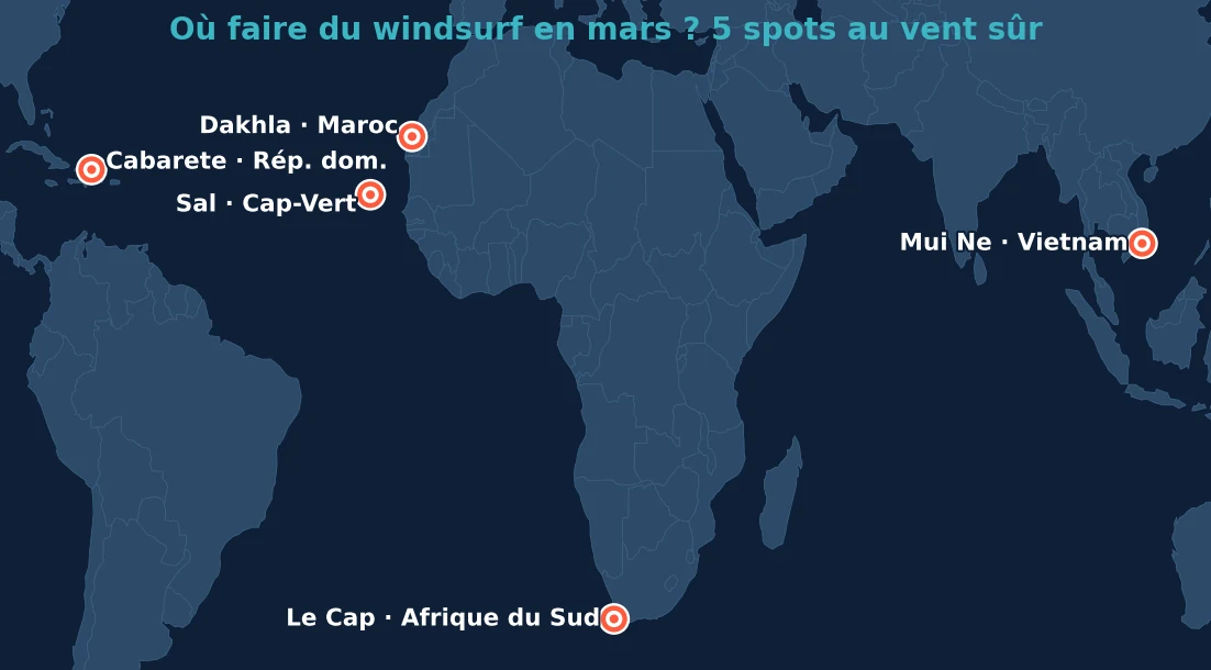 Carte des 5 meilleurs spots windsurf en mars : Dakhla, Sal, Cabarete, Le Cap, Mui Ne