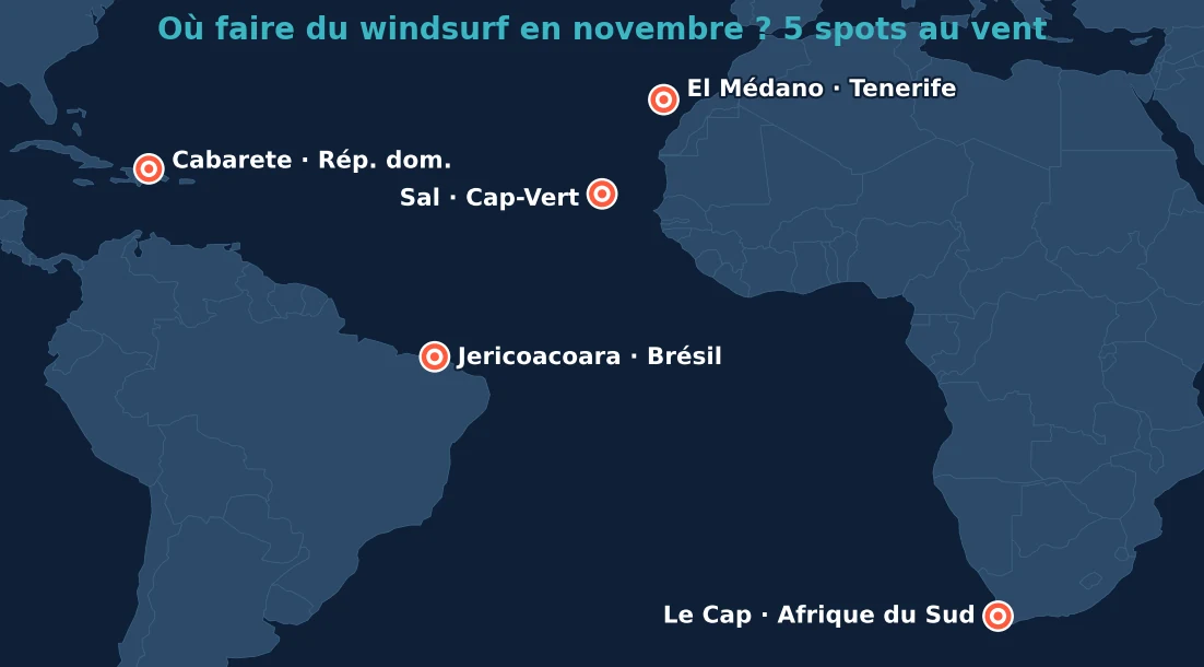 Carte des 5 meilleurs spots windsurf en novembre : Sal, El Médano, Cabarete, Jericoacoara, Le Cap