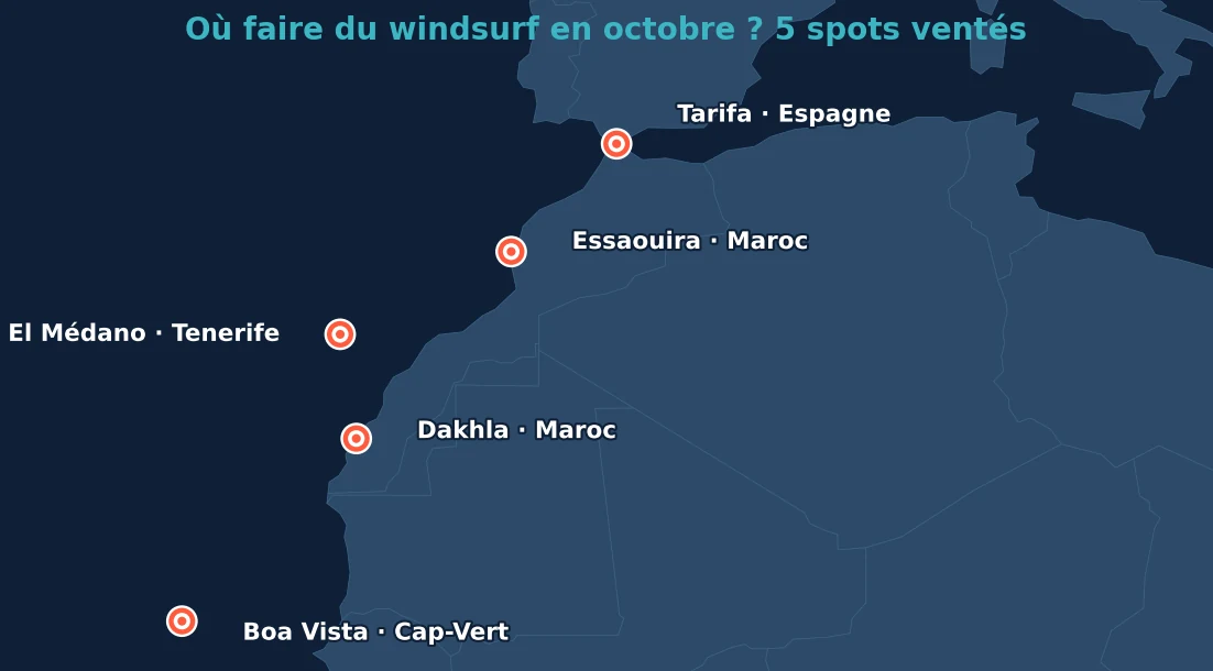 Carte des 5 meilleurs spots windsurf en octobre : Dakhla, Essaouira, Tarifa, Boa Vista, El Médano
