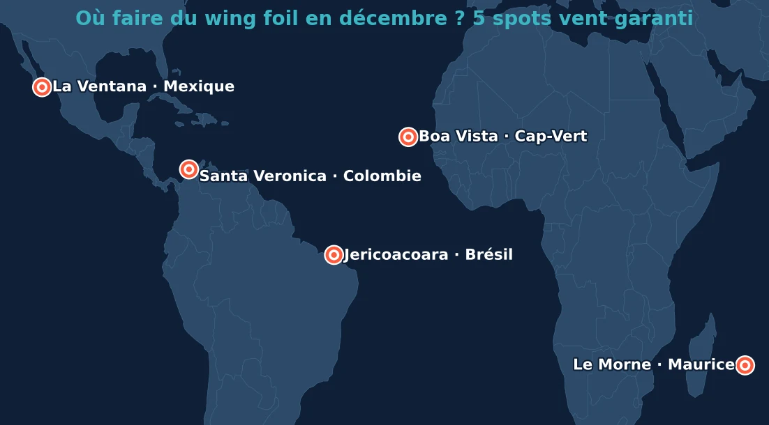 Carte des 5 meilleurs spots wing foil en décembre : Jericoacoara au Brésil, Boa Vista au Cap-Vert, La Ventana au Mexique, Le Morne à Maurice, Santa Veronica en Colombie