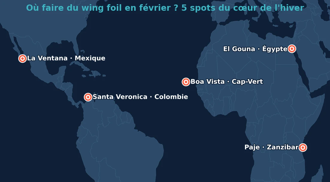 Carte des 5 meilleurs spots wing foil en février : Boa Vista au Cap-Vert, Santa Veronica en Colombie, Paje à Zanzibar, La Ventana au Mexique, El Gouna en Égypte