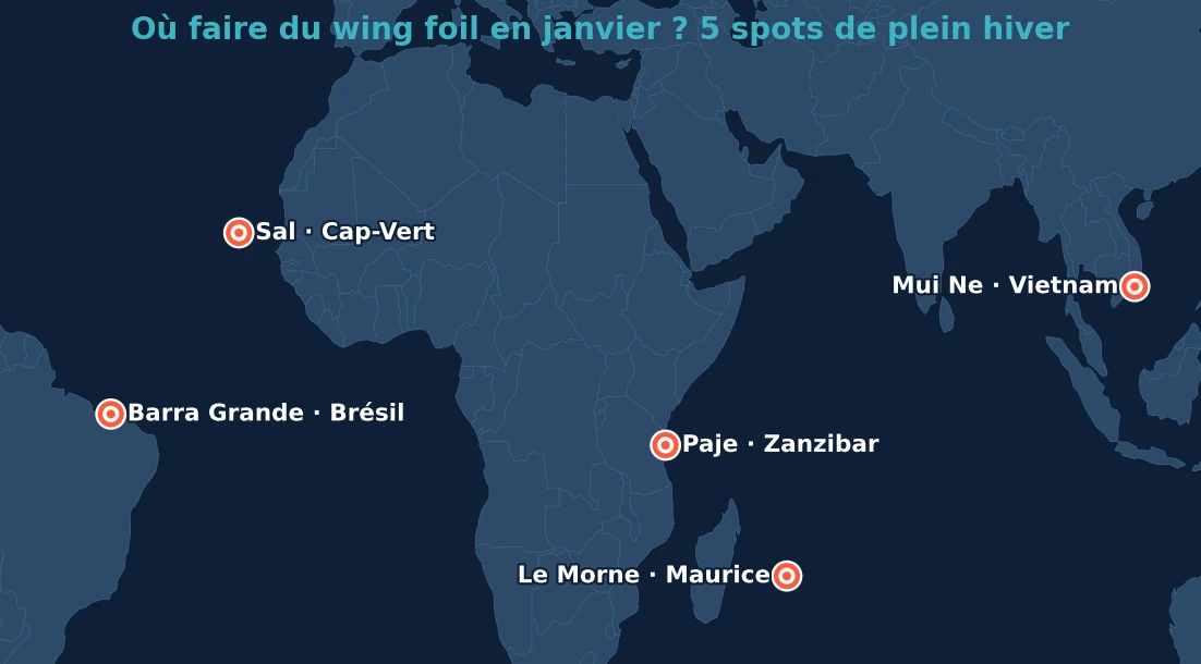 Carte des 5 meilleurs spots wing foil en janvier : Le Morne à Maurice, Sal au Cap-Vert, Mui Ne au Vietnam, Barra Grande au Brésil, Paje à Zanzibar