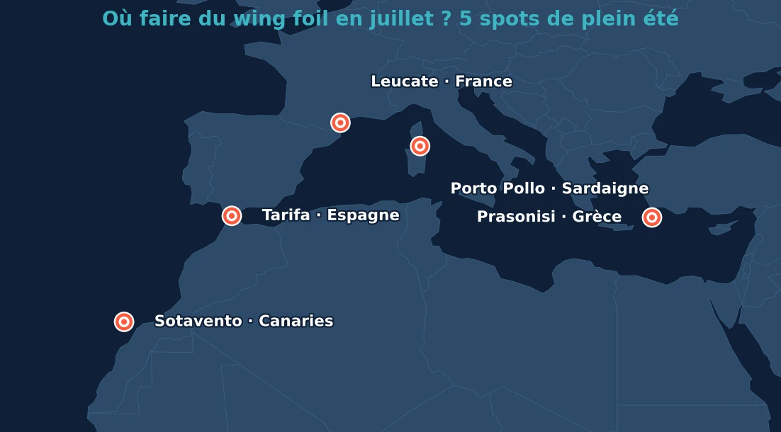Carte des 5 meilleurs spots wing foil en juillet : étang de Leucate, Tarifa, Sotavento, Porto Pollo, Prasonisi