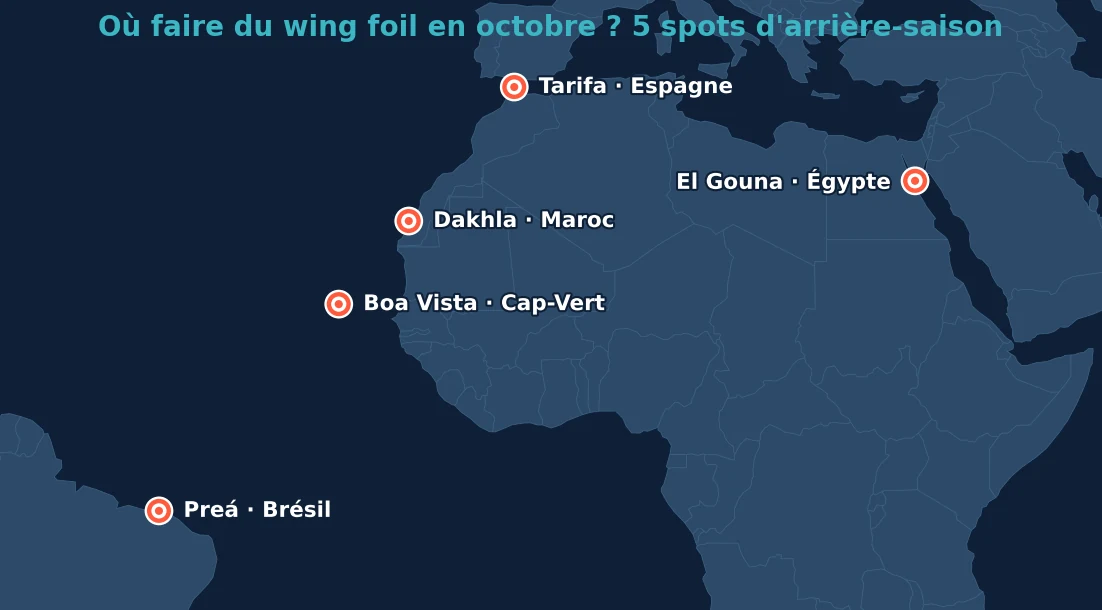 Carte des 5 meilleurs spots wing foil en octobre : Preá au Brésil, El Gouna en Égypte, Dakhla au Maroc, Tarifa en Espagne, Boa Vista au Cap-Vert
