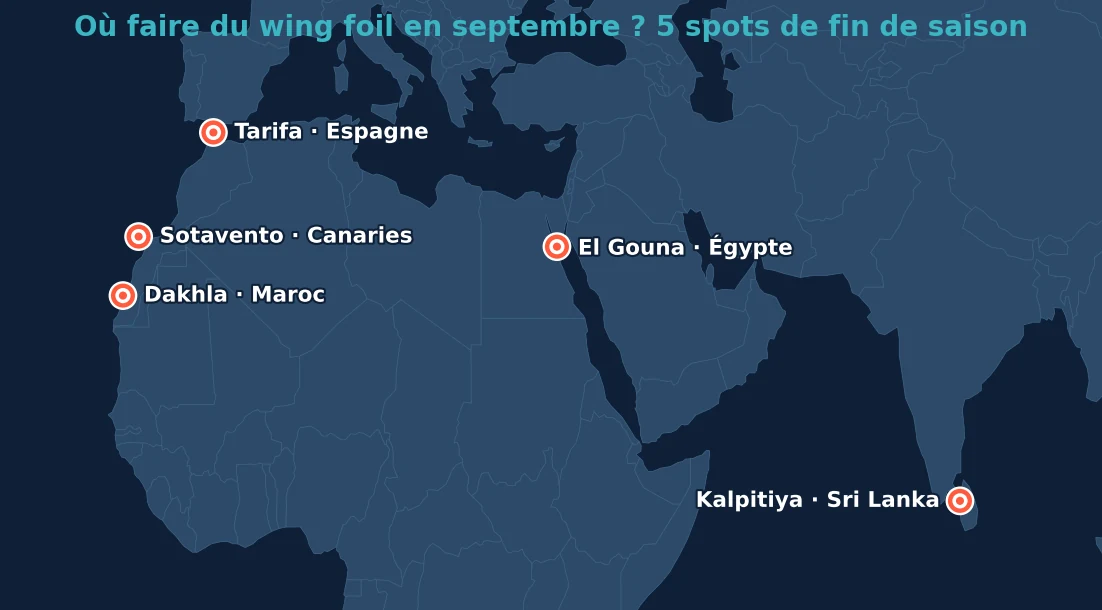 Carte des 5 meilleurs spots wing foil en septembre : Dakhla au Maroc, Sotavento à Fuerteventura, El Gouna en Égypte, Kalpitiya au Sri Lanka, Tarifa en Espagne
